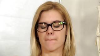 Thrilling bright-haired tramp in glasses fingering vagina